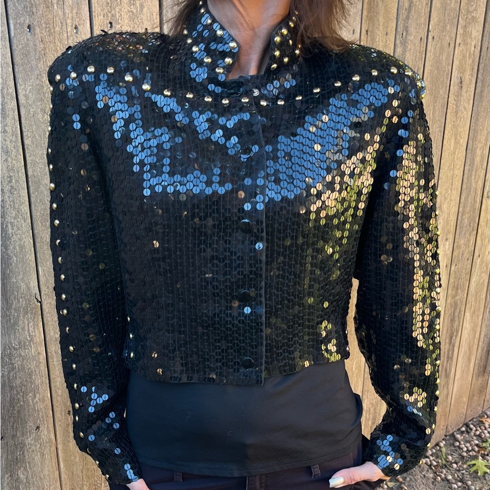 Black sequin jacket with beaded sun face on back ladies - Picture 9 of 9